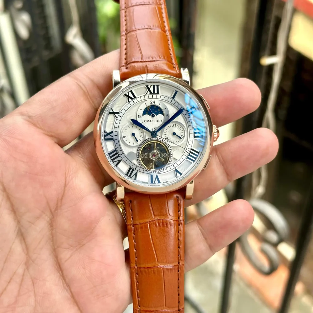 Cartier Men's SunMoon Chronograph & Tourbillon Back Open Automatic Movement For Sale