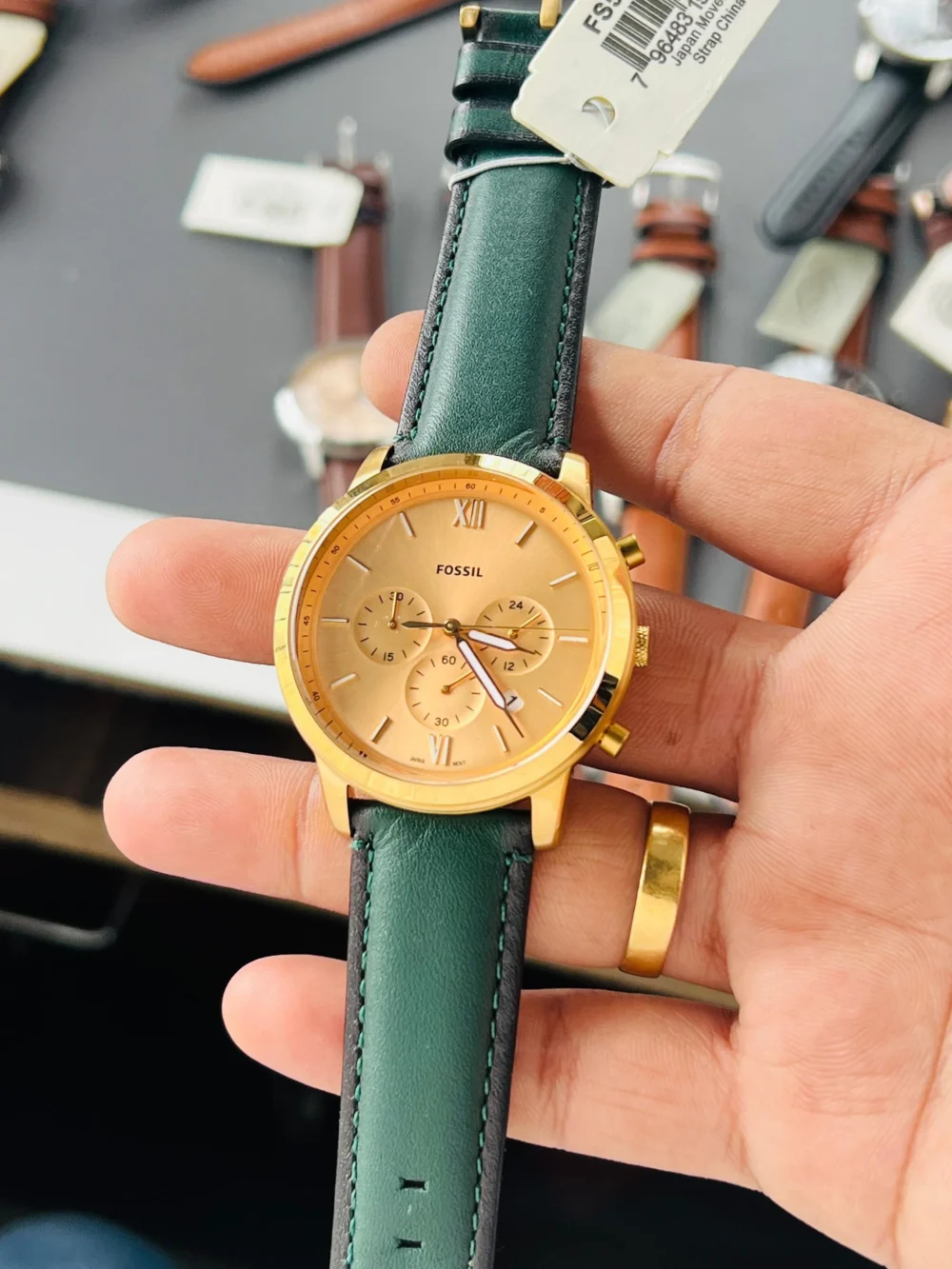 Fossil Neutra Chronograph Green Leather Gold Dial FS5580J 44mm Men's Watch