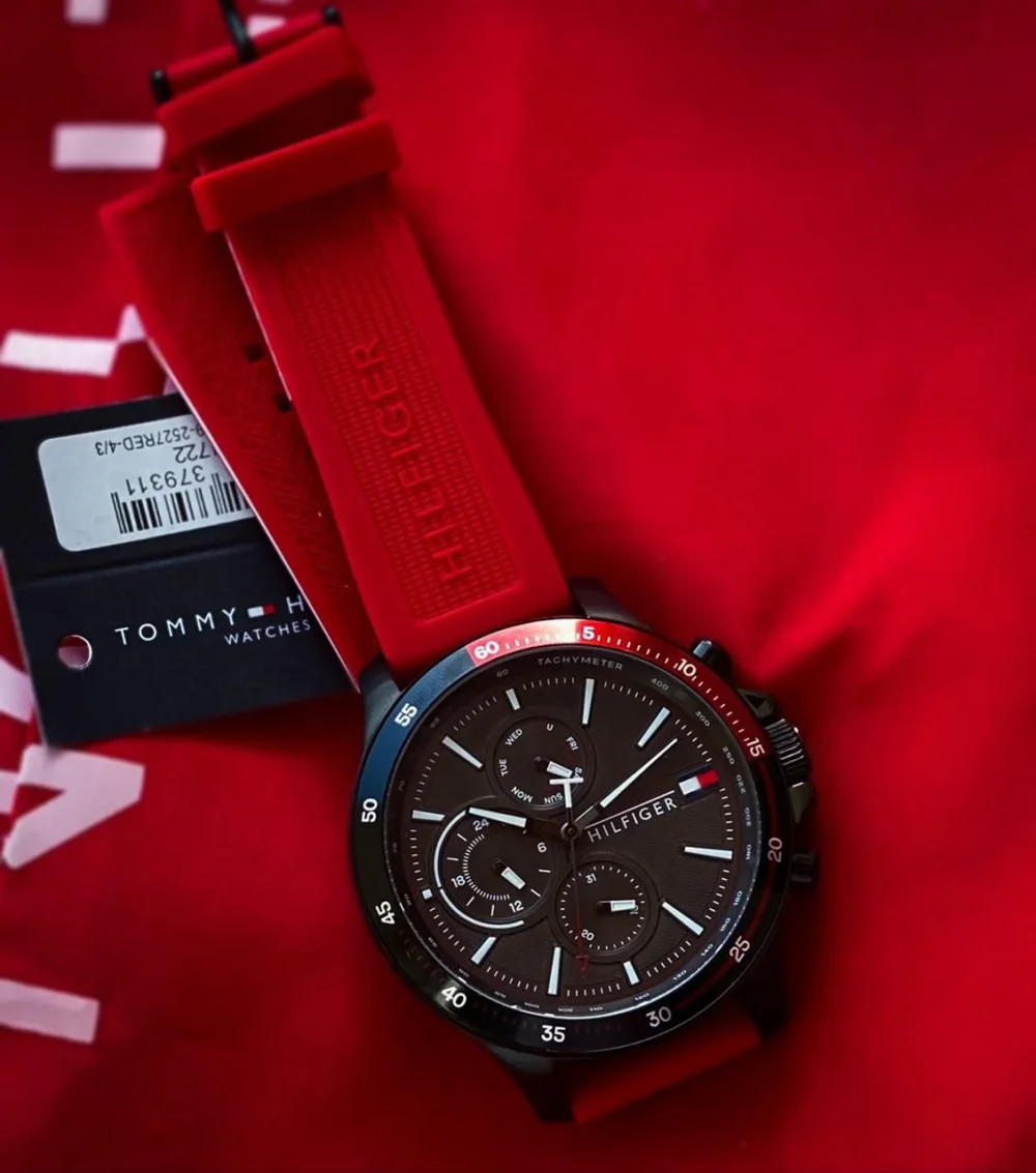 Tommy Hilfiger Black Dial Red Silicon Strap 44MM Men's Watch