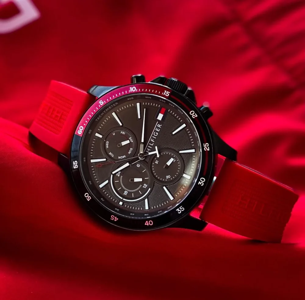 Tommy Hilfiger Black Dial Red Silicon Strap 44MM Men's Watch