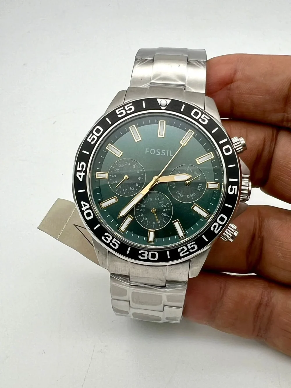 Fossil Bannon Analog Stainless Steel Green Dial Silver Band 45mm Men's Watch-BQ2492