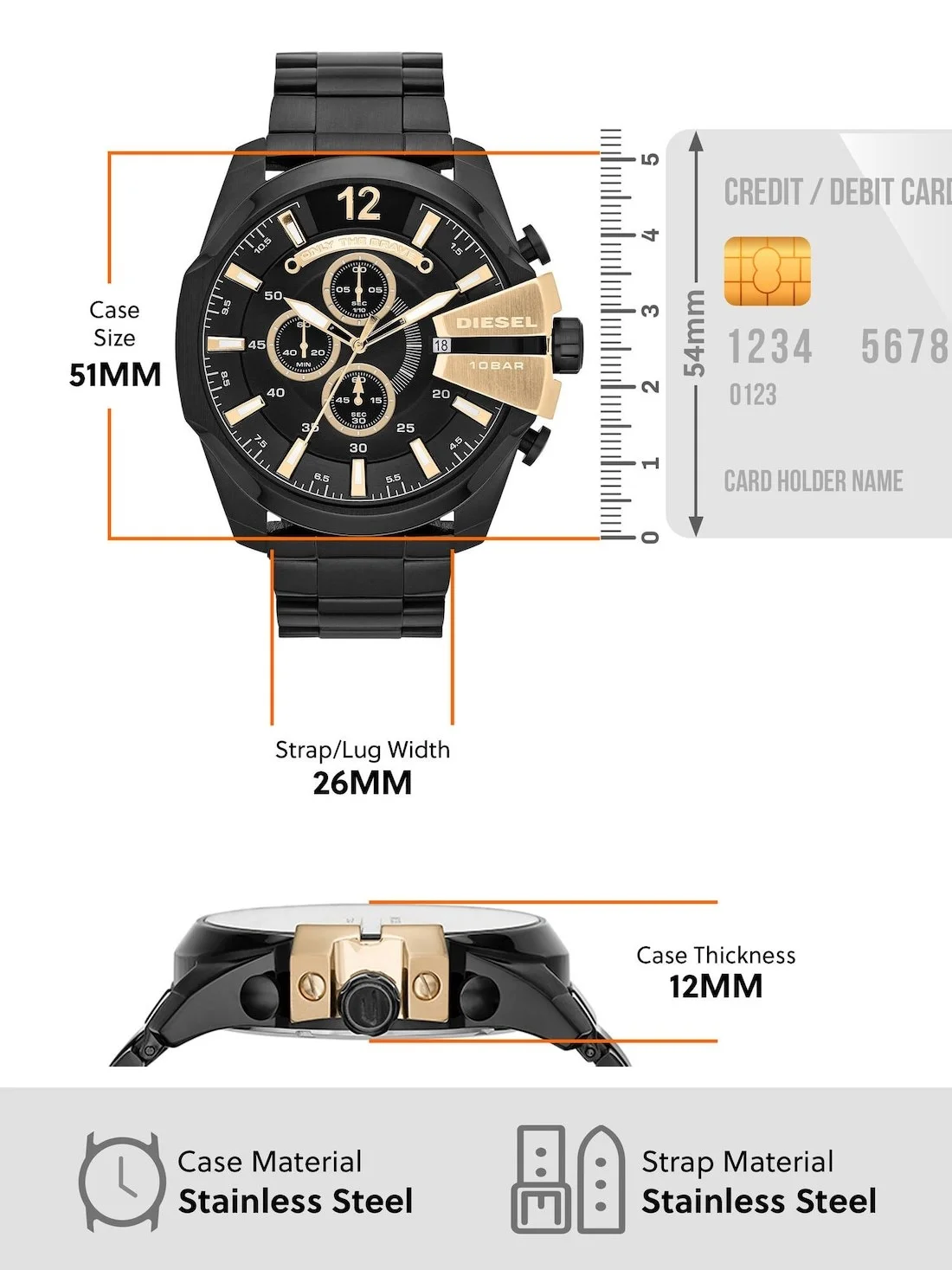 Diesel Mega Chief Black 10 Bar Chronograph 51MM Men's Watch - DZ4338