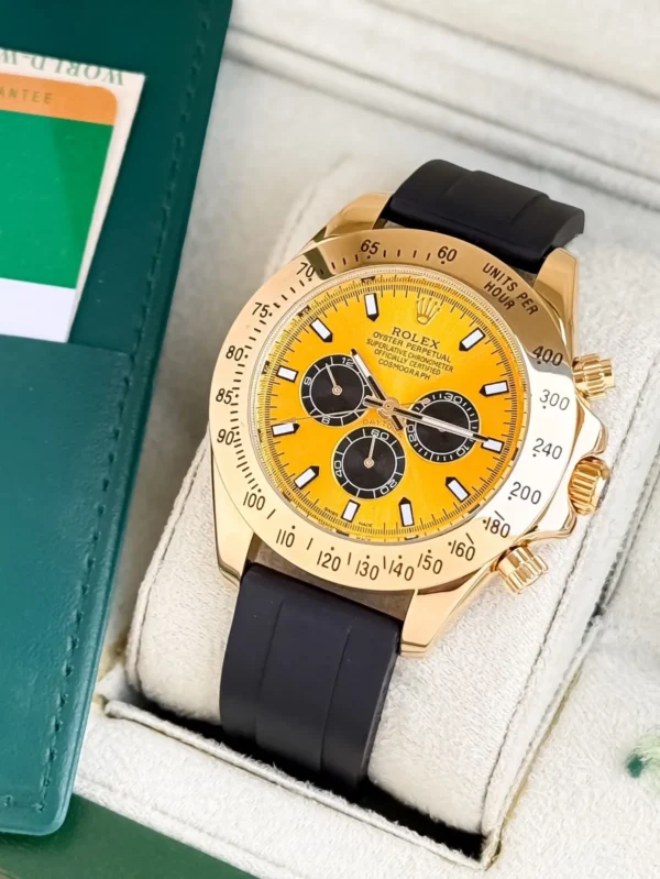 Rolex Daytona Yellow Gold Dial Black Strap Men's Watch